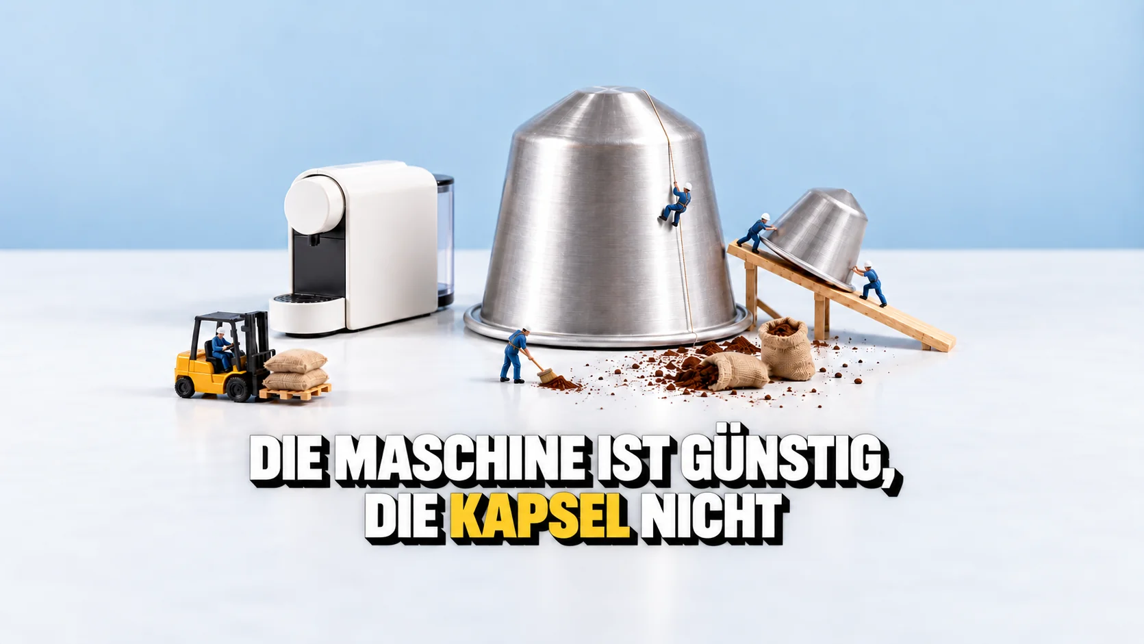 Miniaturfiguren arbeiten an einer riesigen Kaffeekapsel neben einer kleineren Maschine
