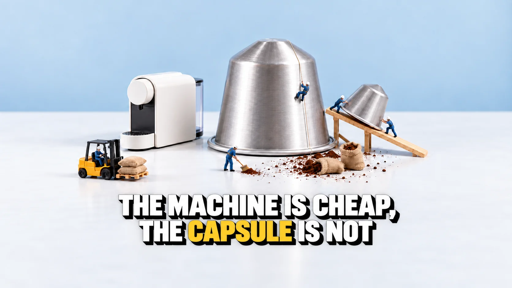 Miniature figures working on a giant coffee capsule beside a smaller coffee machine