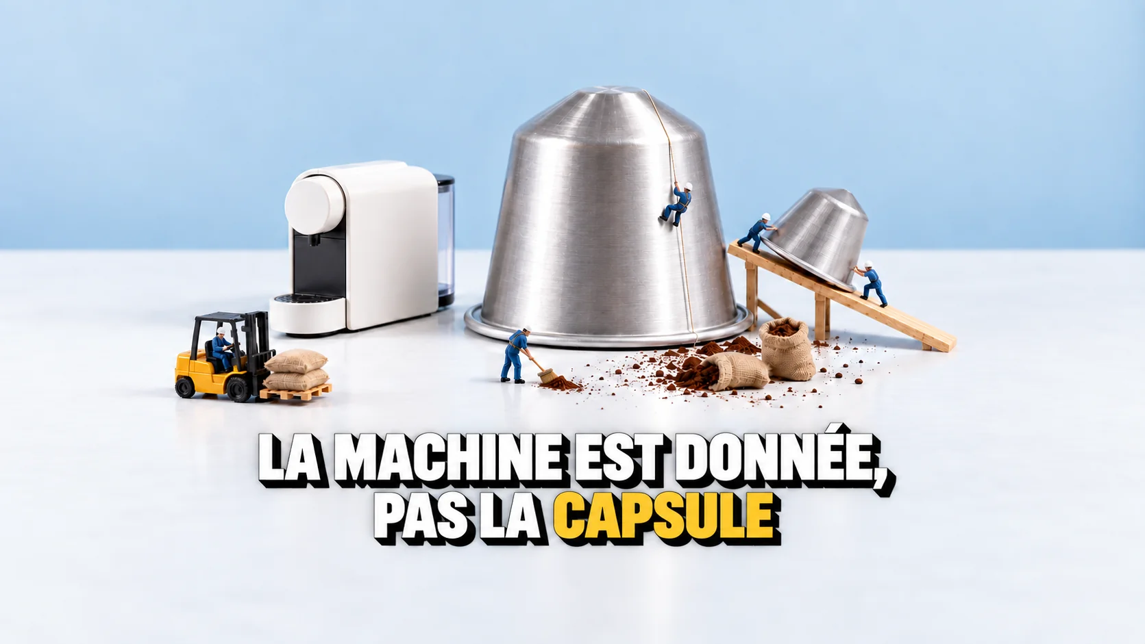 Des figurines miniatures s’affairent sur une capsule de café géante à côté d’une machine plus petite