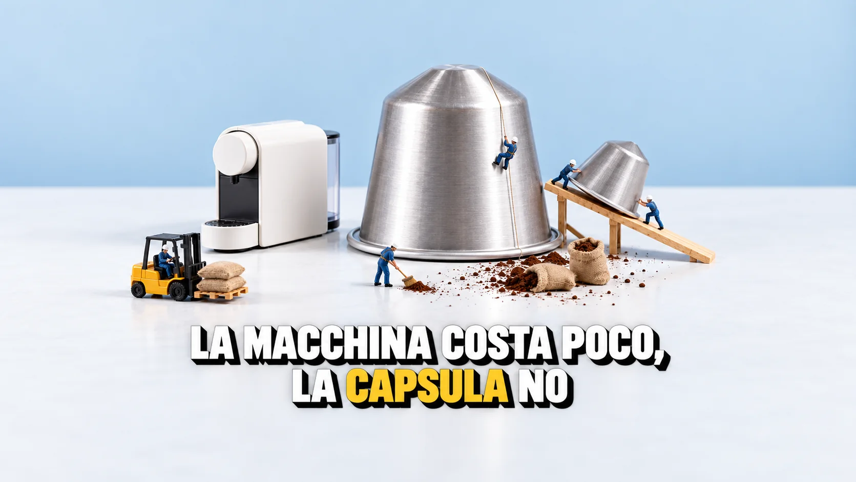 Omini in miniatura al lavoro su una capsula da caffè gigante accanto a una macchinetta più piccola