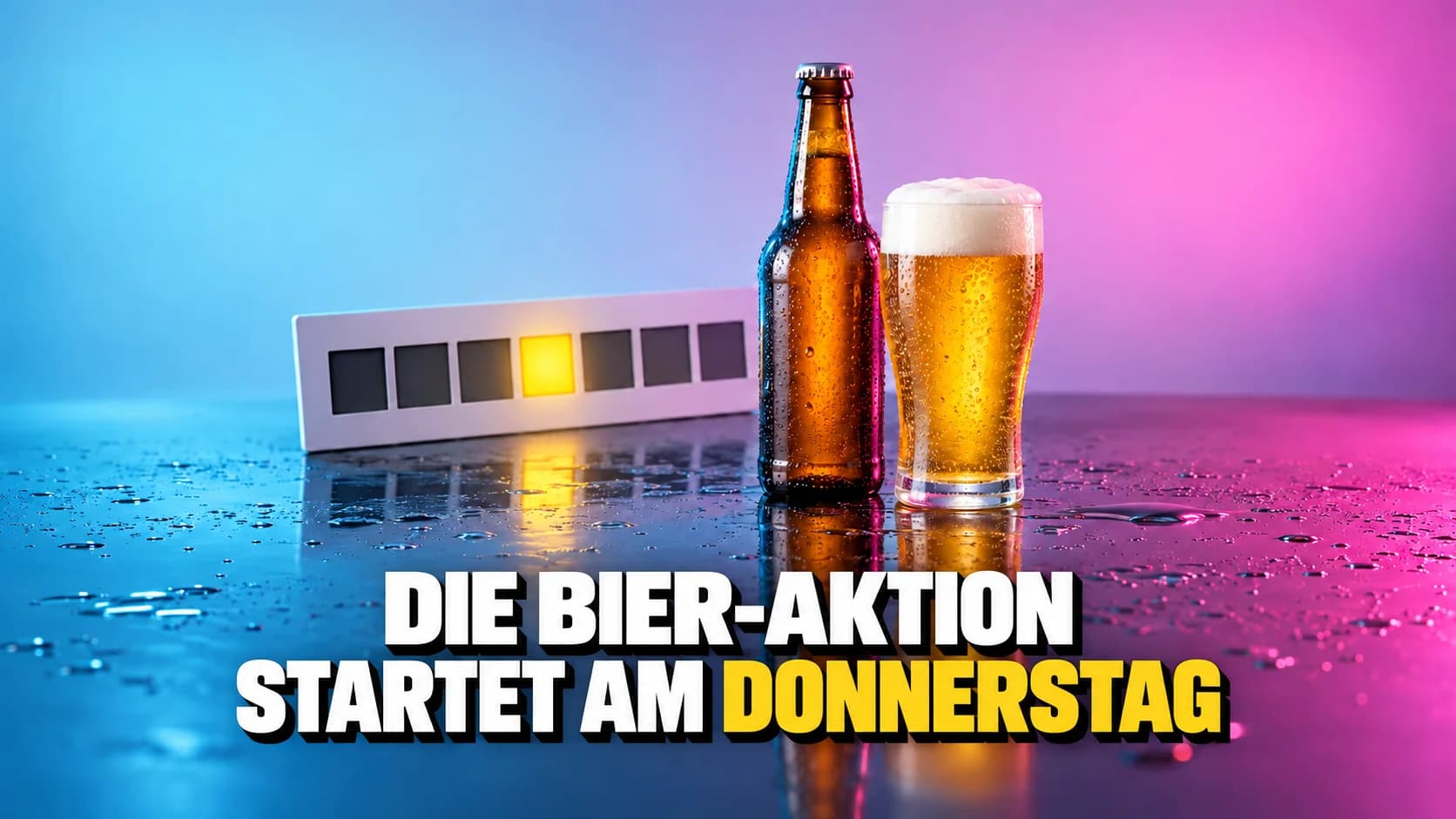 Unbeschriftete Bierflasche und Glas mit Schaumkrone, dahinter sieben leere Felder, eines leuchtet gelb