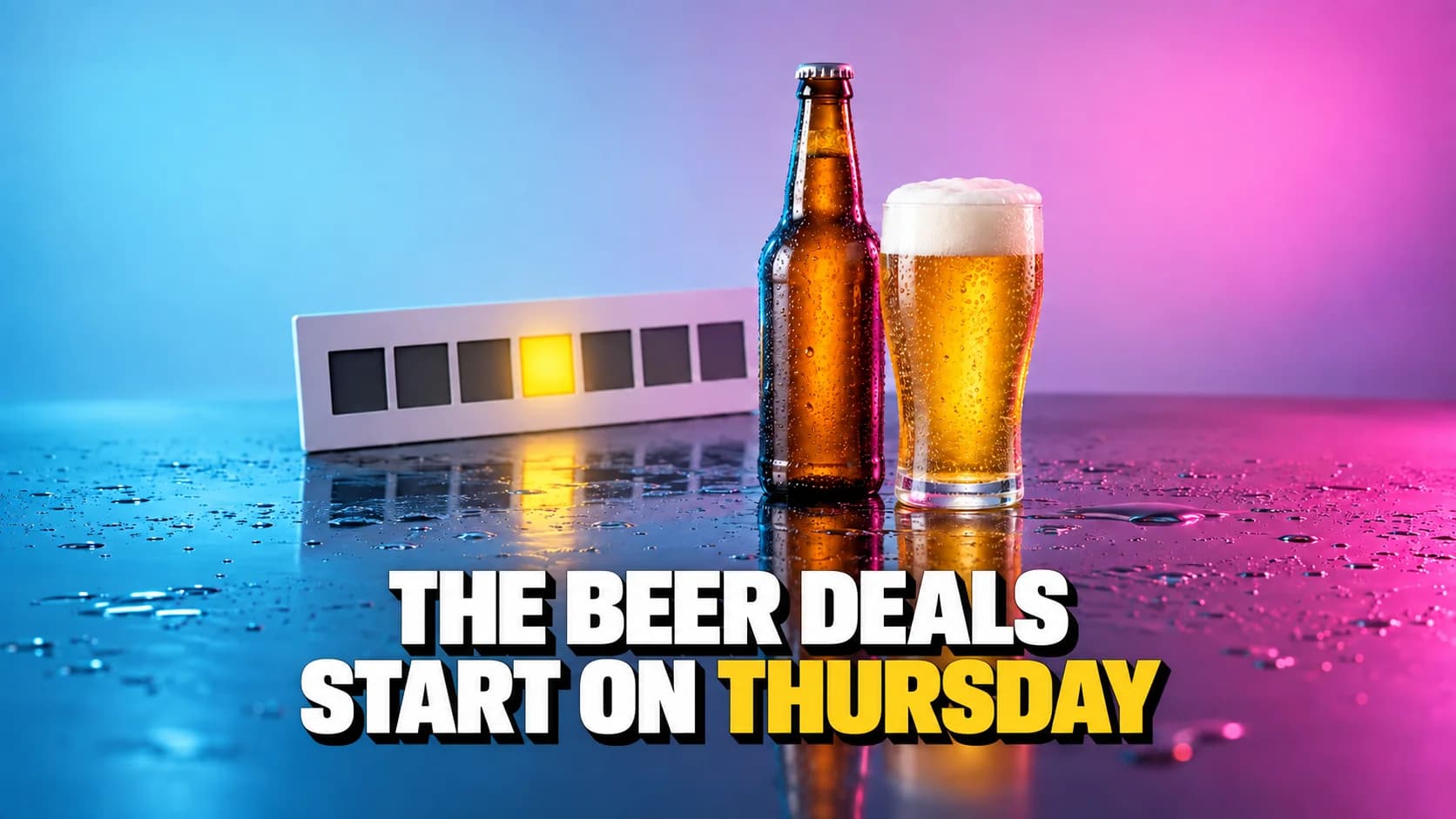 An unlabelled beer bottle and a foaming glass in front of seven blank squares, one glowing yellow
