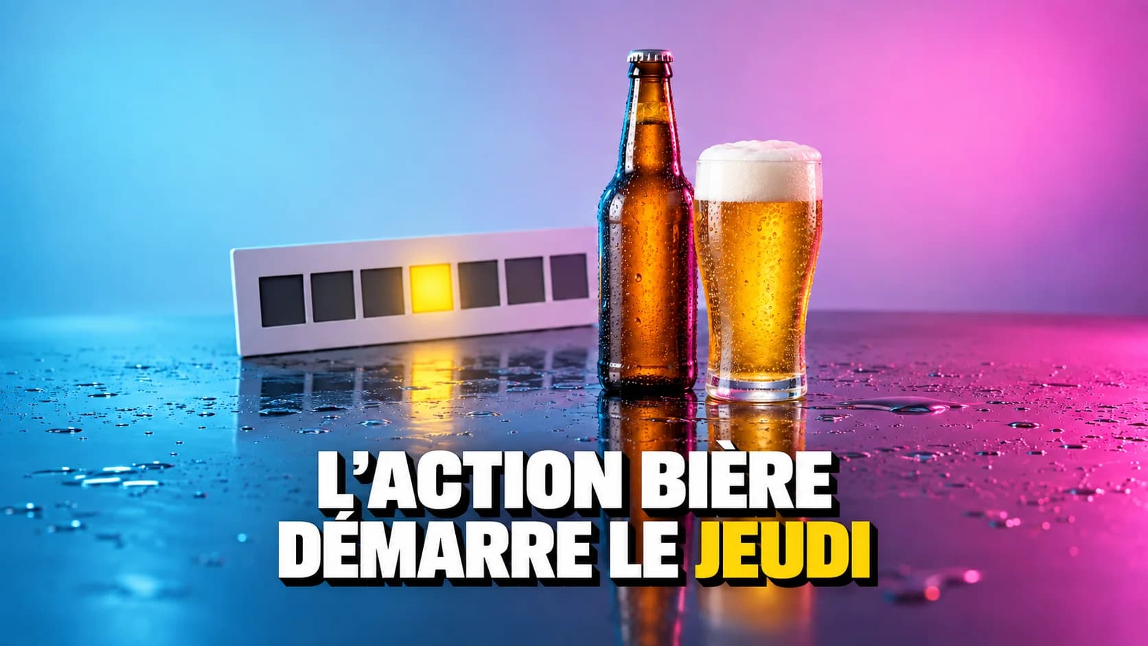 Bouteille de bière sans étiquette et verre mousseux, derrière une grille de sept cases dont une brille en jaune