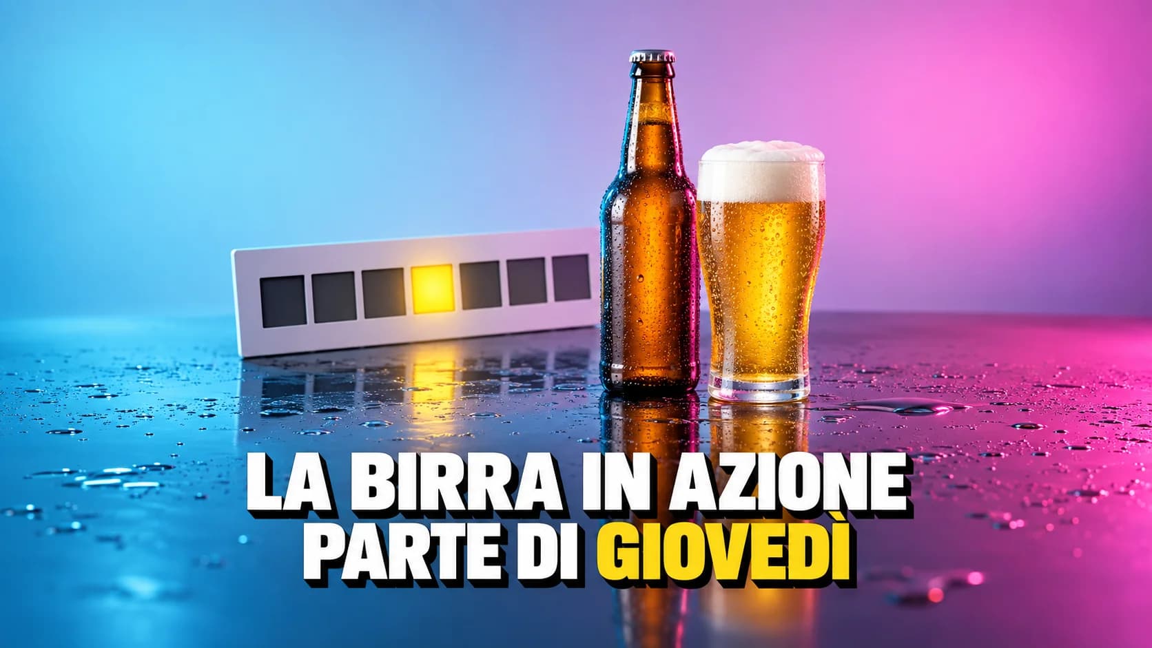 Bottiglia di birra senza etichetta e bicchiere con schiuma, dietro una griglia di sette caselle con una casella gialla accesa