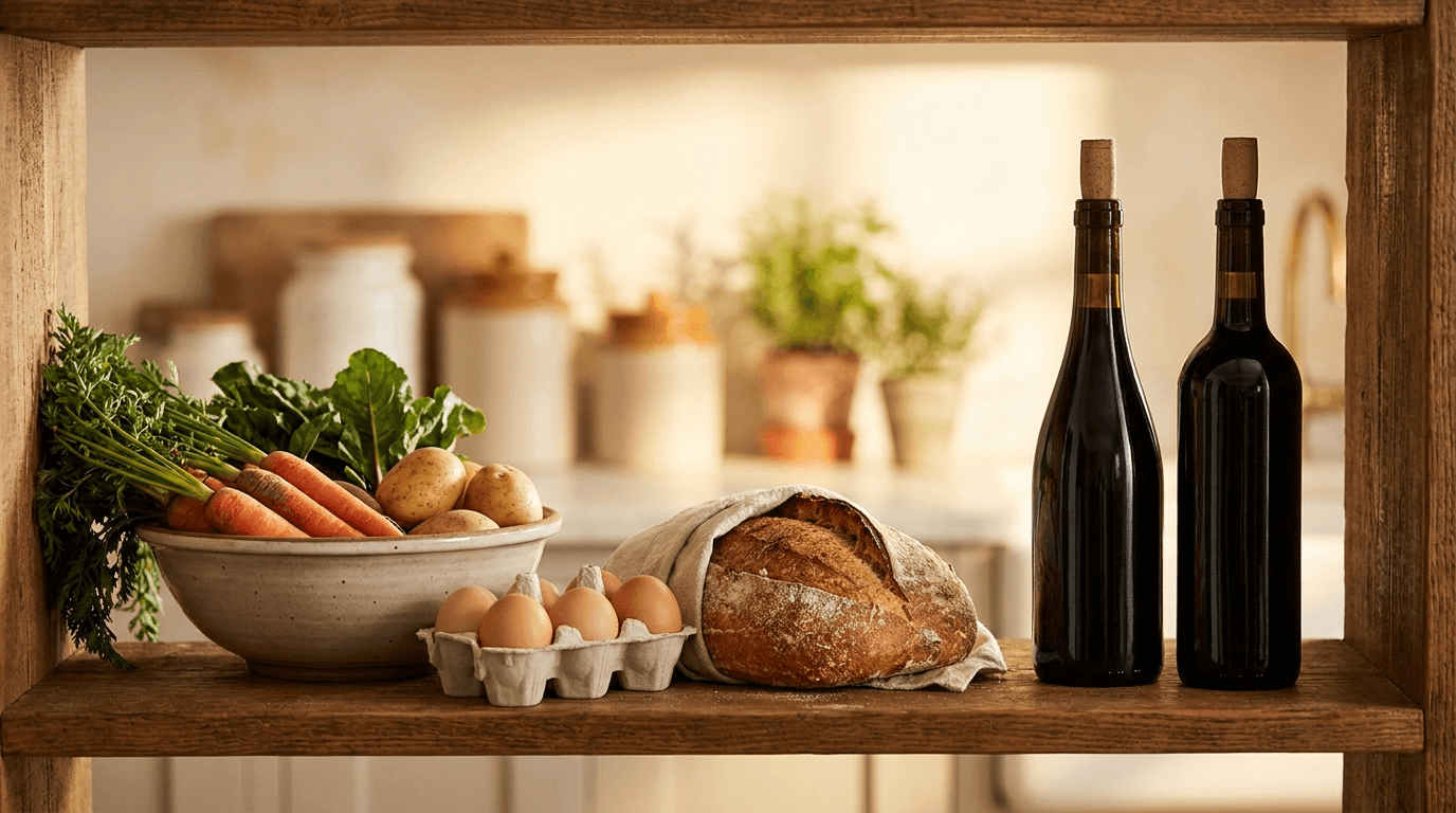Petite sélection de produits bio frais à côté de deux bouteilles de vin sur une étagère en bois