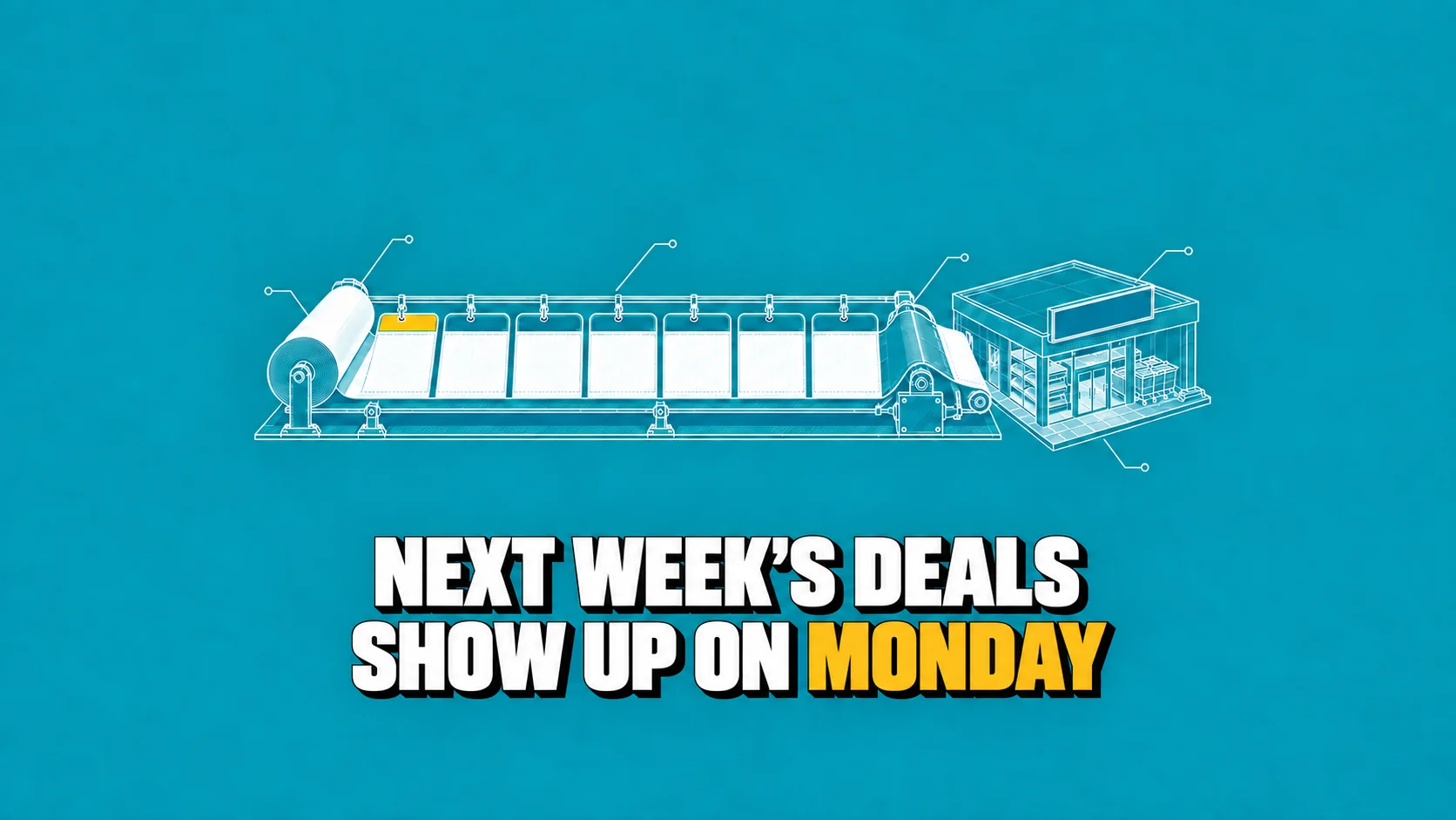 Shop blueprint with seven blank panels and a yellow first header.