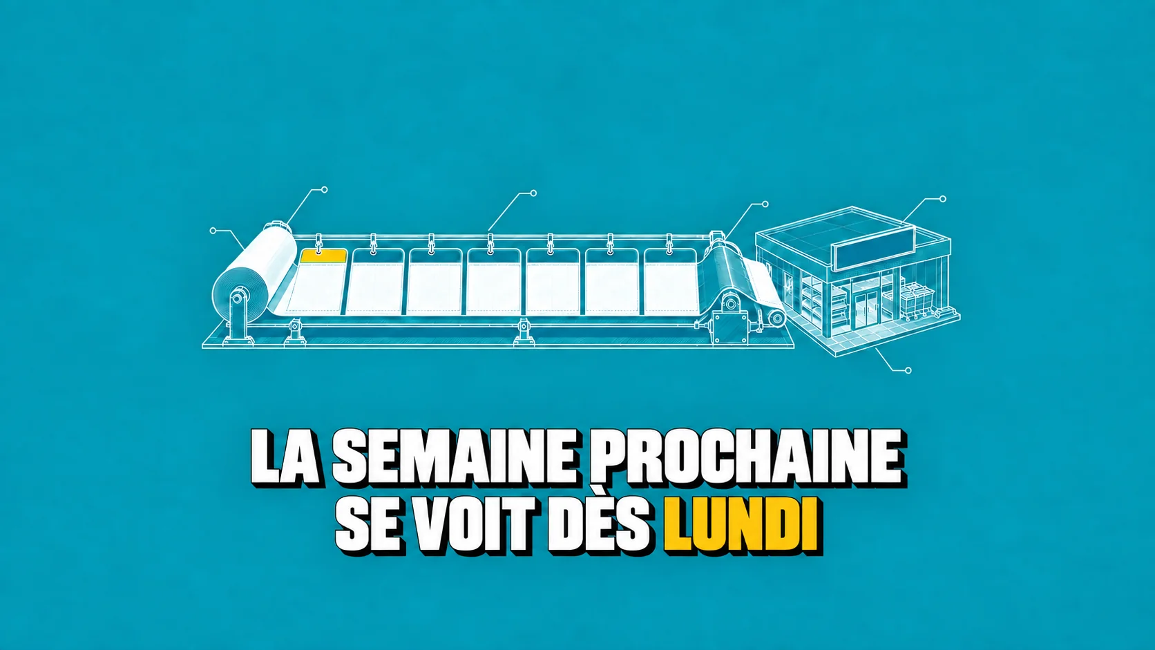 Plan de magasin avec sept panneaux vierges et premier en-tête jaune.