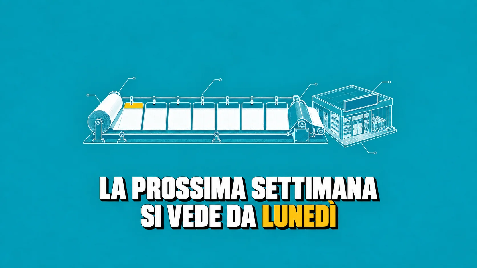 Progetto di negozio con sette pannelli vuoti e prima intestazione gialla.