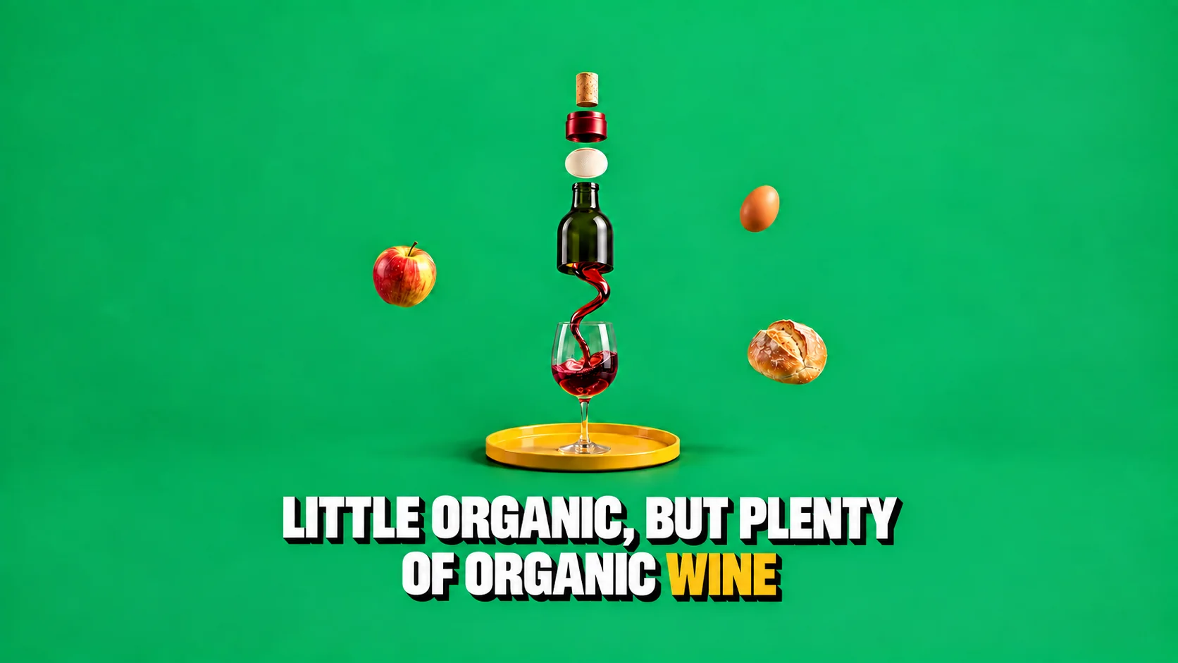 Exploded view on a green ground: an unlabelled wine bottle separating into cork, capsule, blank label and glass above a yellow tray.