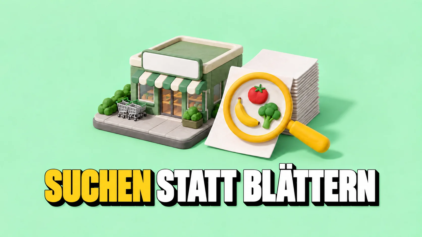 Ladendiorama mit weissen Prospekten und gelber Lupe über drei Lebensmitteln.