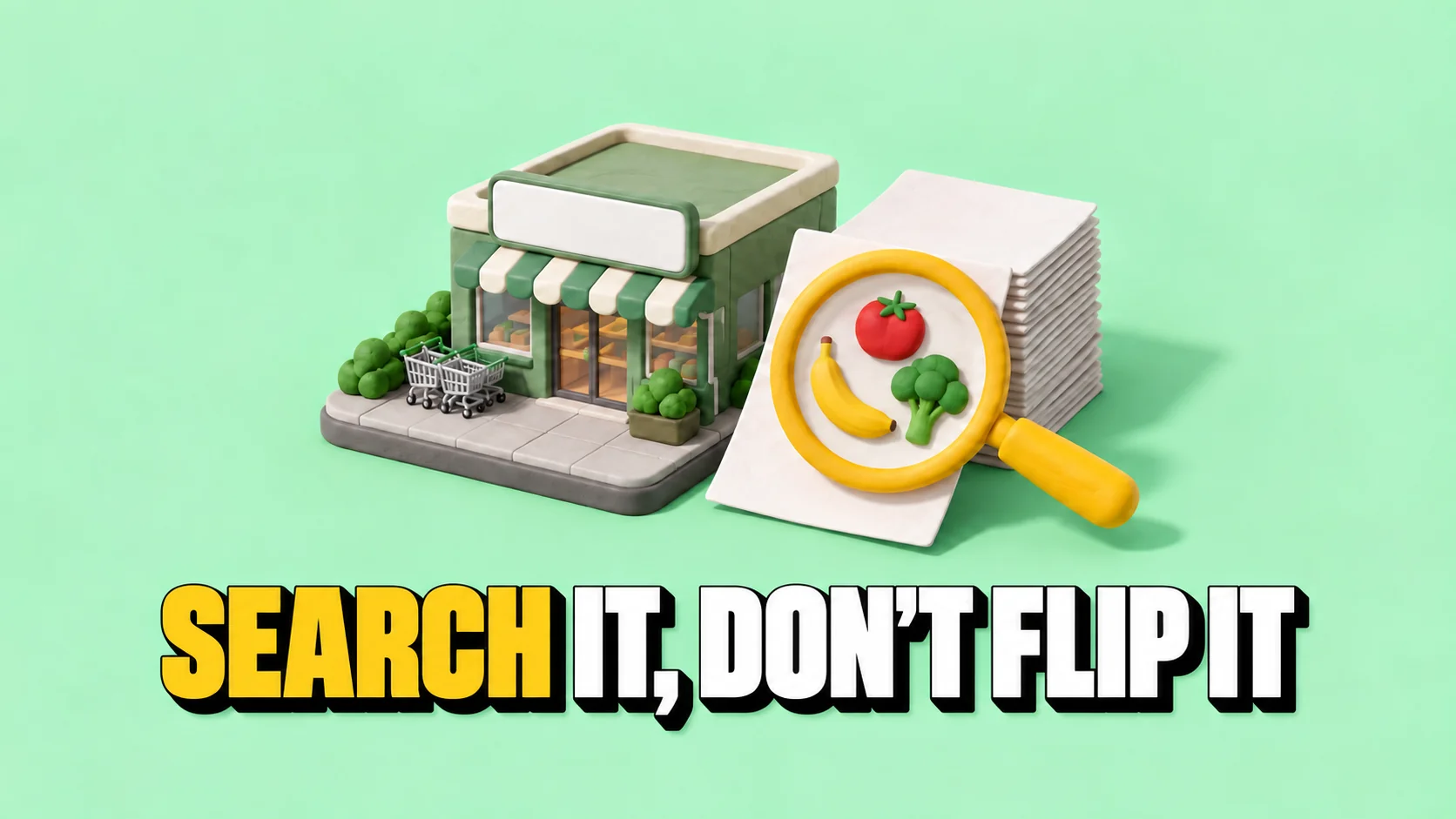 Shop diorama with blank flyers and a yellow magnifier over three foods.