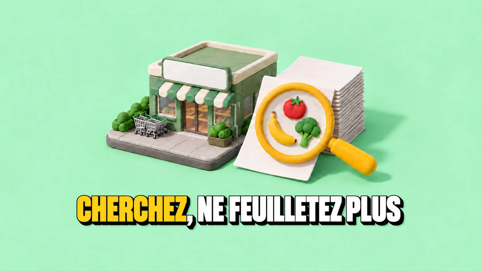 Diorama de magasin avec prospectus blancs et loupe jaune sur trois aliments.