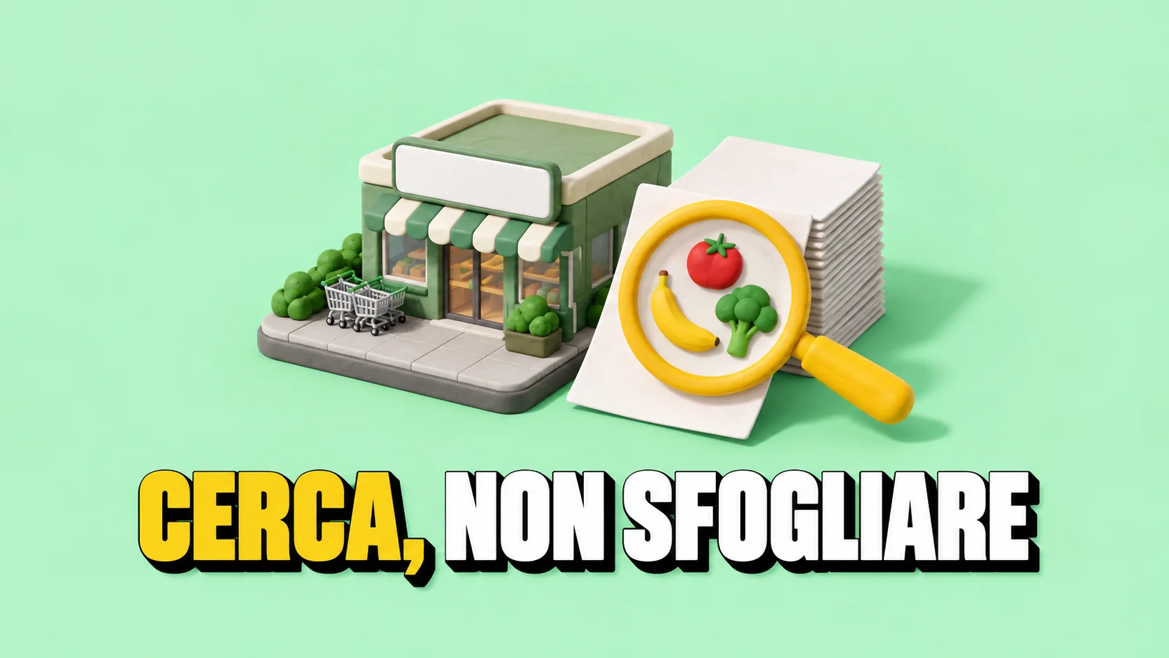 Diorama di negozio con volantini bianchi e lente gialla sopra tre alimenti.