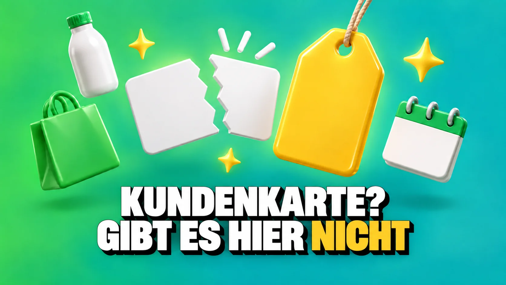 Glänzende 3D-Symbole einer zerbrochenen Karte und eines leeren gelben Preisschilds auf Grün.