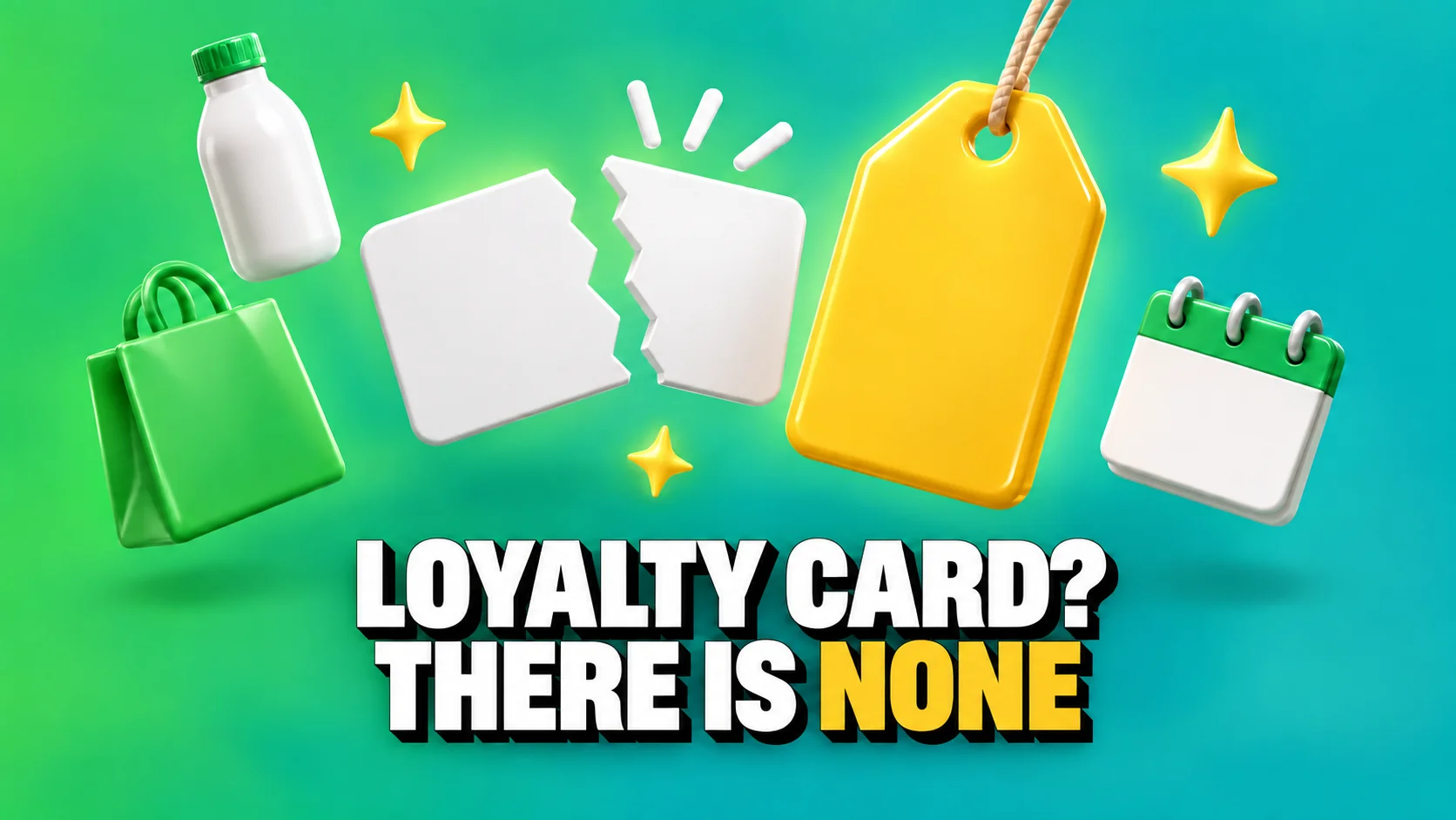 Glossy 3D icons of a broken card and a blank yellow price tag on green.
