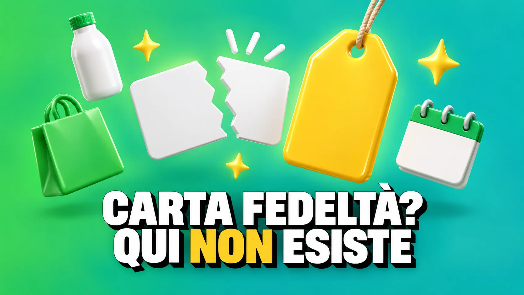 Icone 3D lucide su sfondo verde: una tessera di plastica spezzata in due accanto a un cartellino giallo senza scritte.