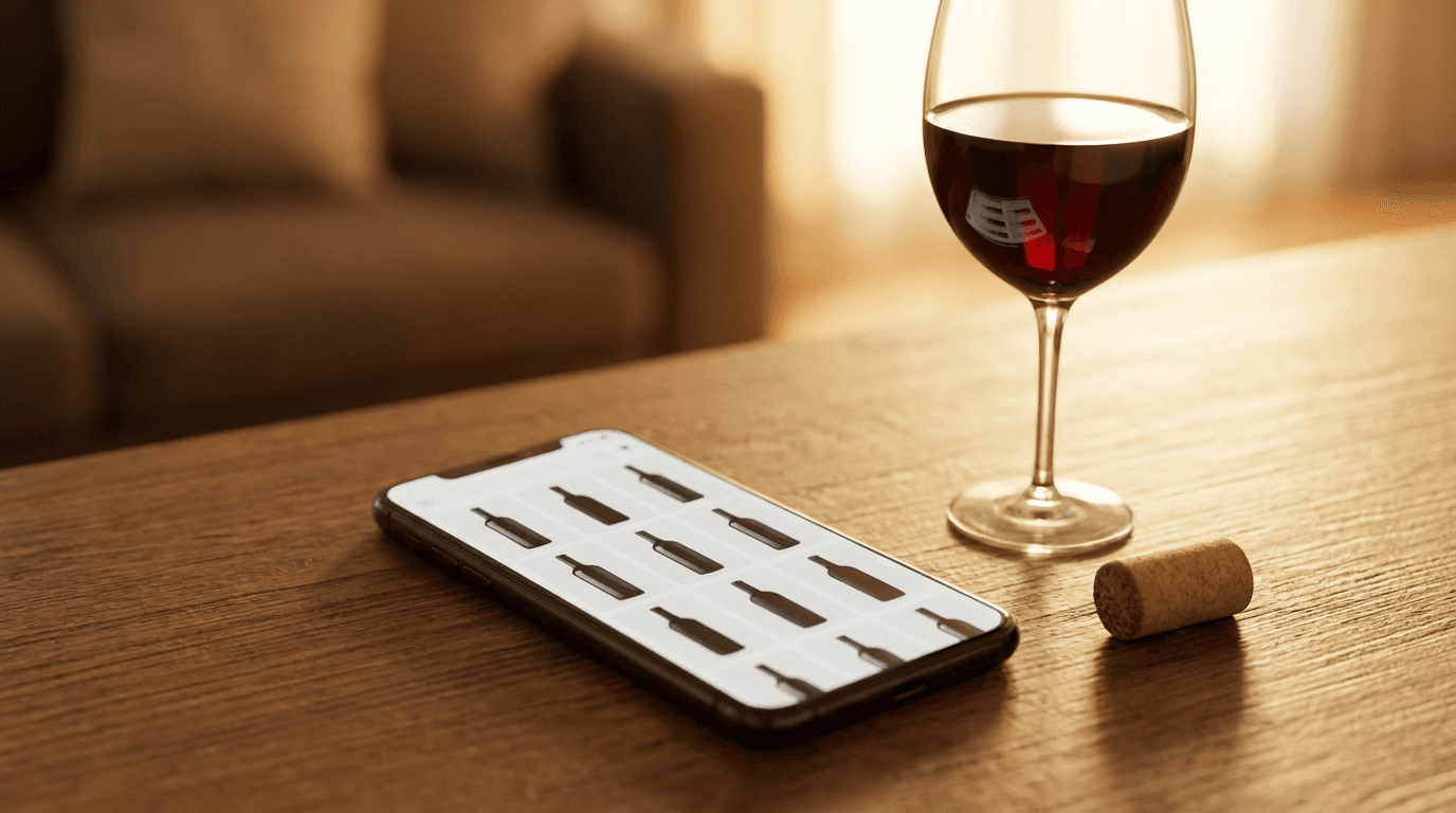 Smartphone affichant une boutique de vin en ligne à côté d'un verre de vin rouge sur une table en bois