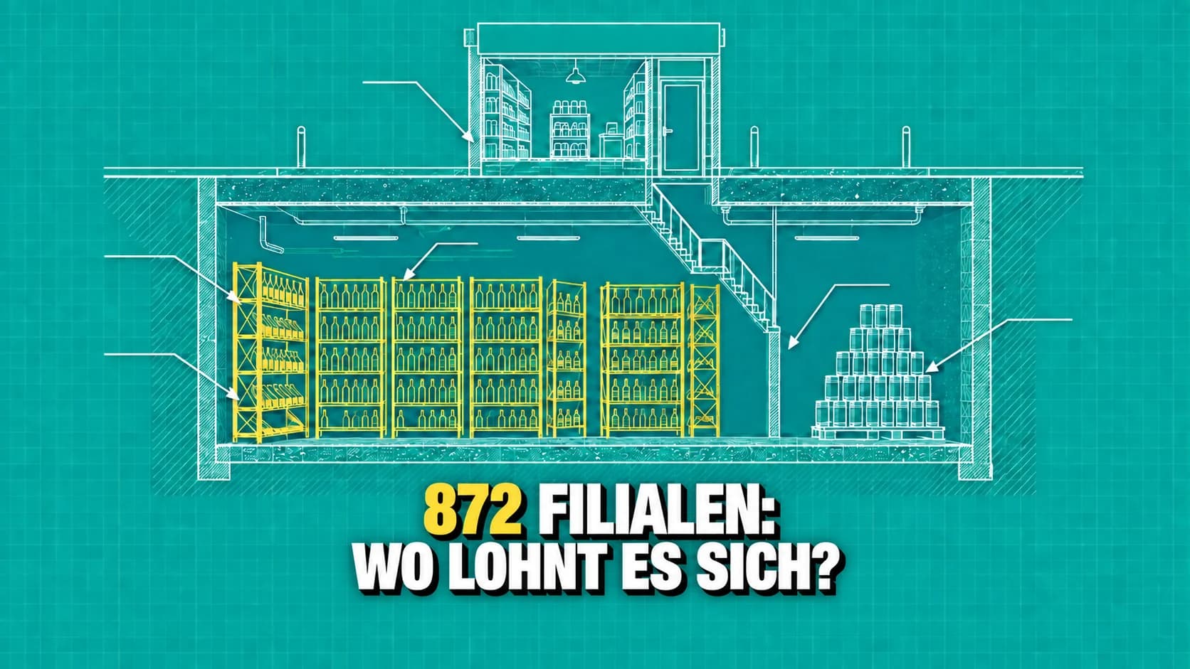 Türkise technische Zeichnung eines kleinen Ladens mit grossem Flaschenkeller darunter.