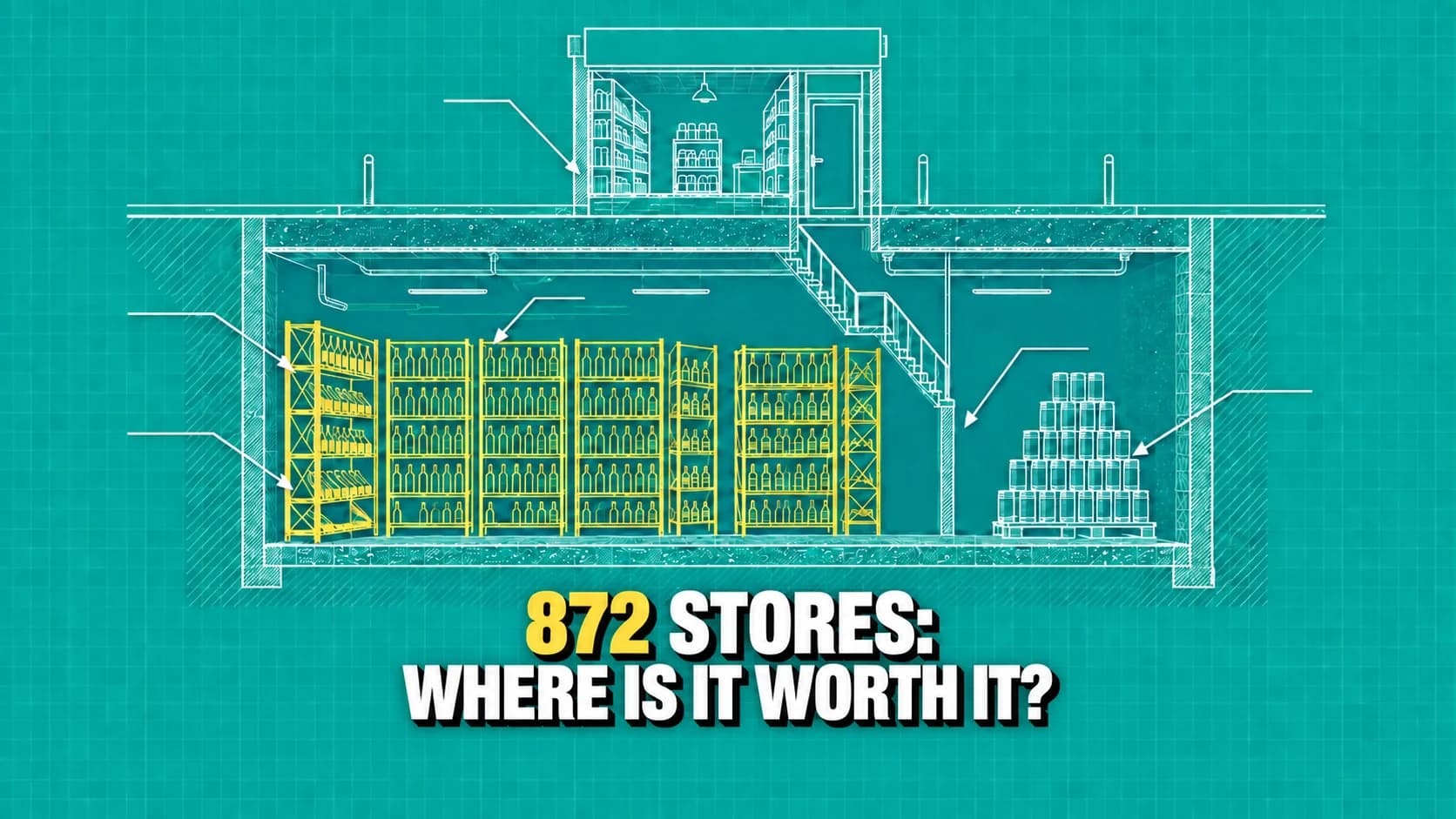 Turquoise technical drawing of a small shop above a large bottle cellar.