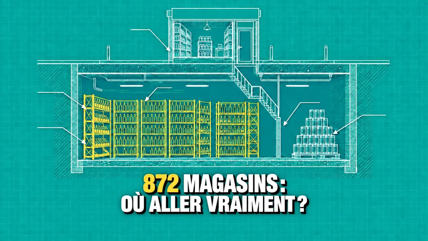 Dessin technique turquoise d’une petite boutique au-dessus d’une grande cave à bouteilles.