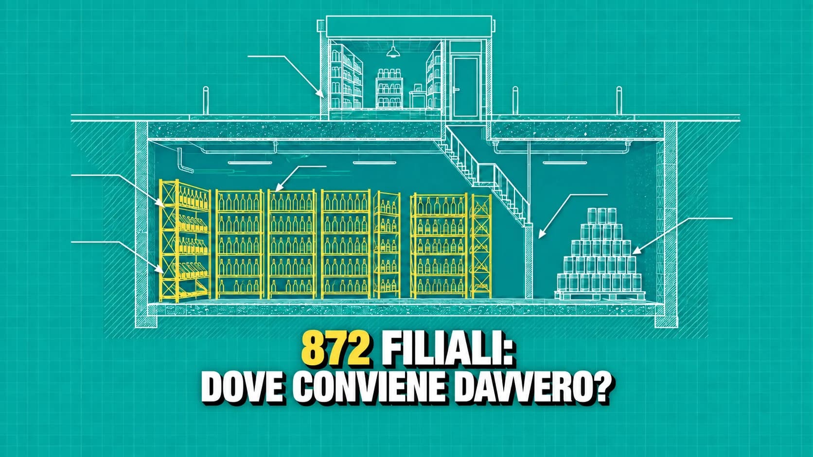 Disegno tecnico bianco su fondo blueprint turchese: la sezione di un piccolo negozio d’angolo con sotto una grande cantina di bottiglie a scaffale.