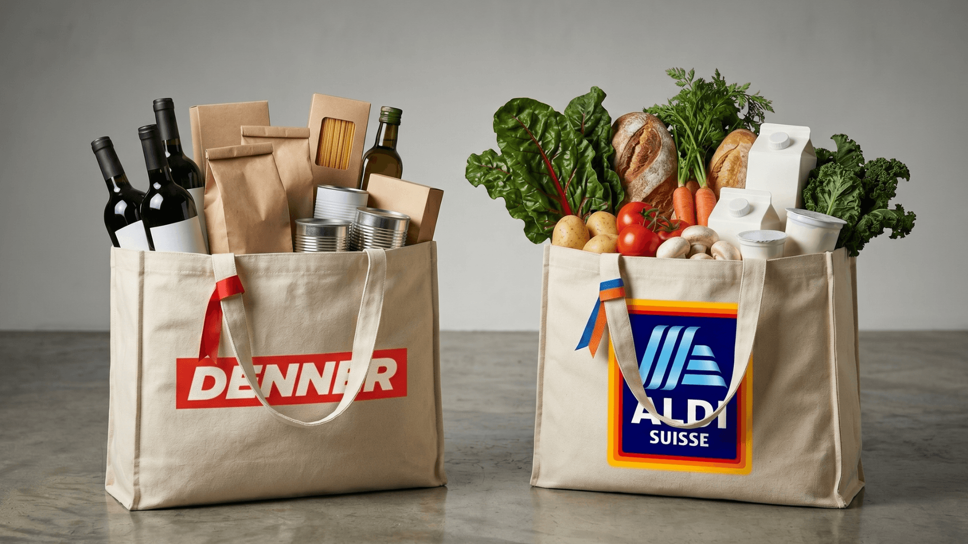 Image split-screen Denner rouge et Aldi orange-bleu avec icônes de comparaison