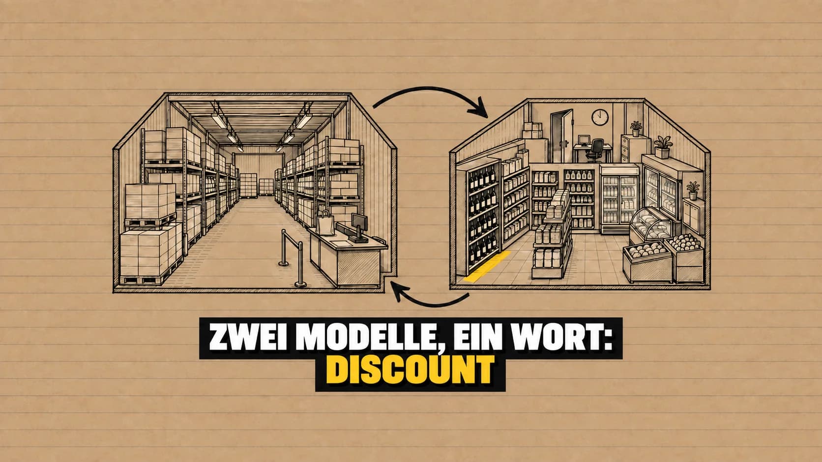 Tuschezeichnung zweier aufgeschnittener Läden, eine Halle mit Paletten und ein Eckladen mit dichten Regalen