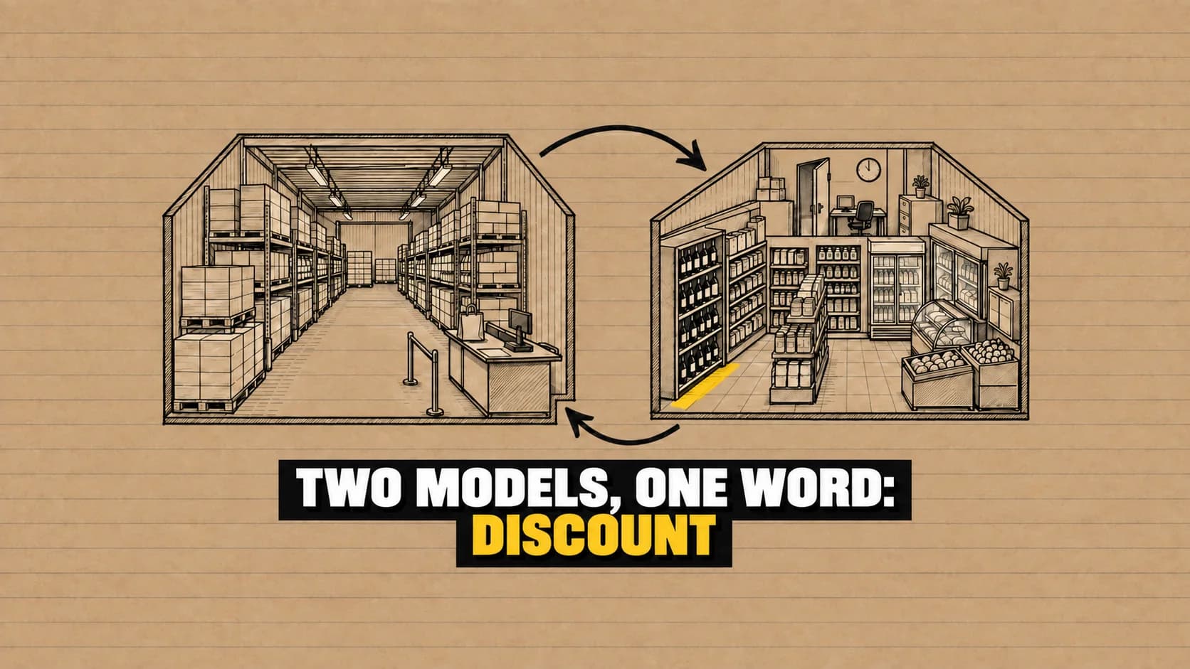 An ink drawing of two cut-open shops, a pallet hall and a tight-shelved corner store