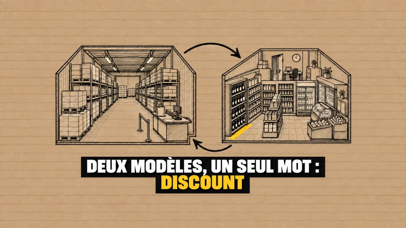 Dessin à l’encre de deux magasins en coupe, une halle à palettes et un commerce d’angle aux rayons serrés