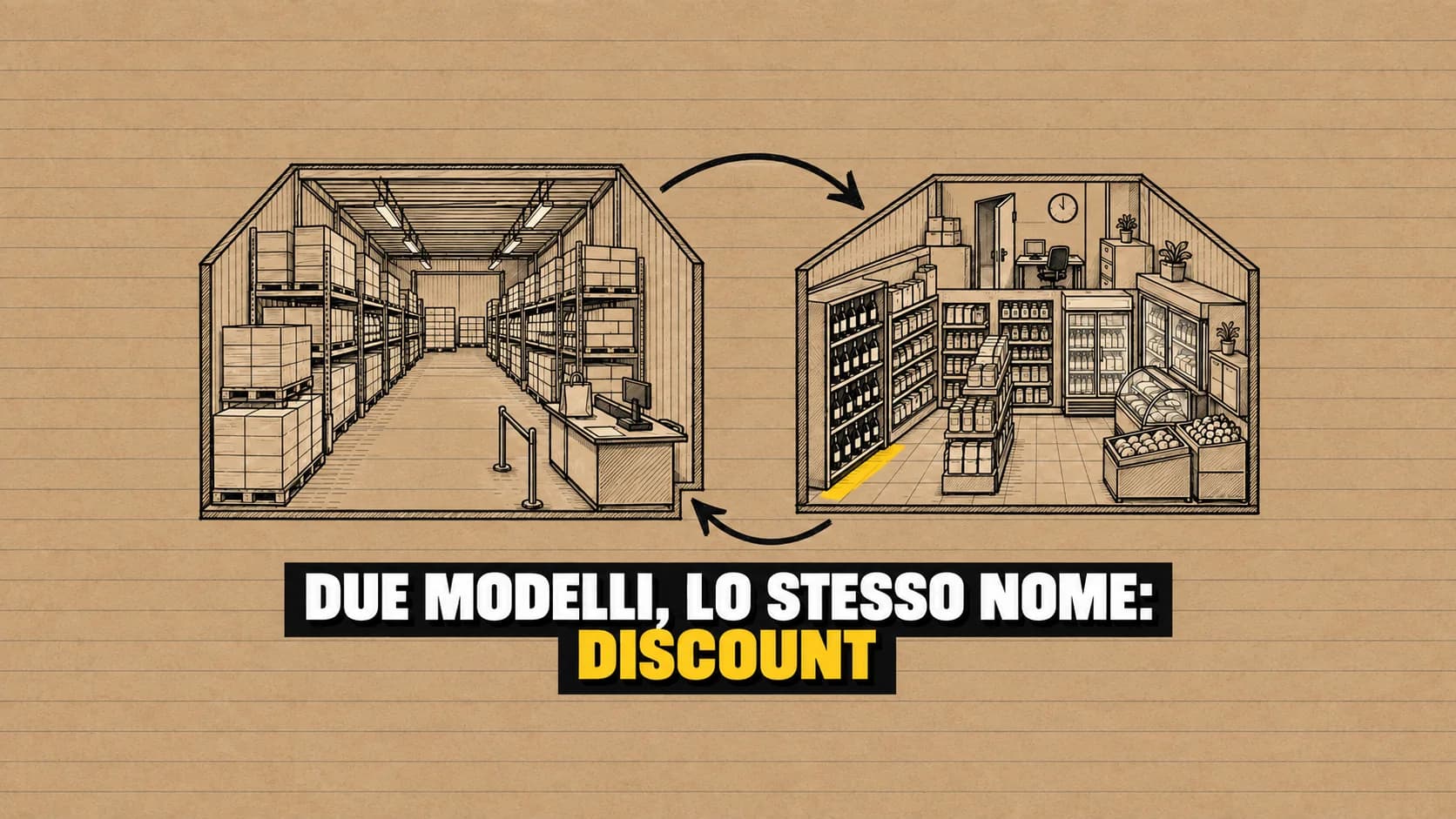Disegno a inchiostro di due negozi sezionati, un capannone con pallet e un negozio d’angolo con scaffali fitti