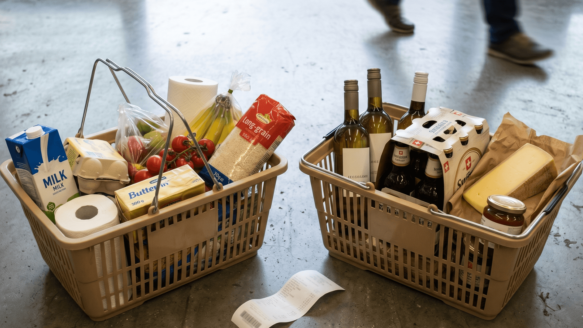 Denner and Lidl Switzerland store fronts compared, with shopping receipts overlay