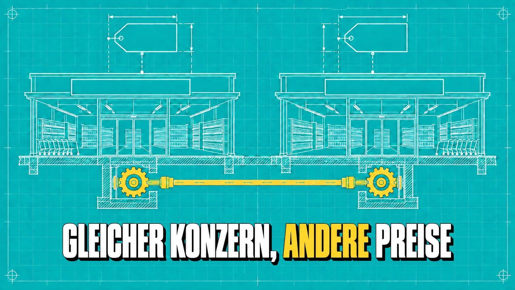 Weisse technische Zeichnung zweier Läden, verbunden durch eine gelbe Welle, mit leeren Schildern.
