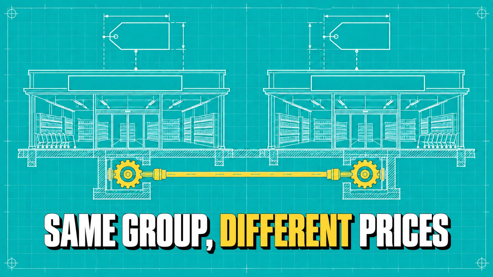 White technical drawing of two shops linked by a yellow shaft, with blank signs.
