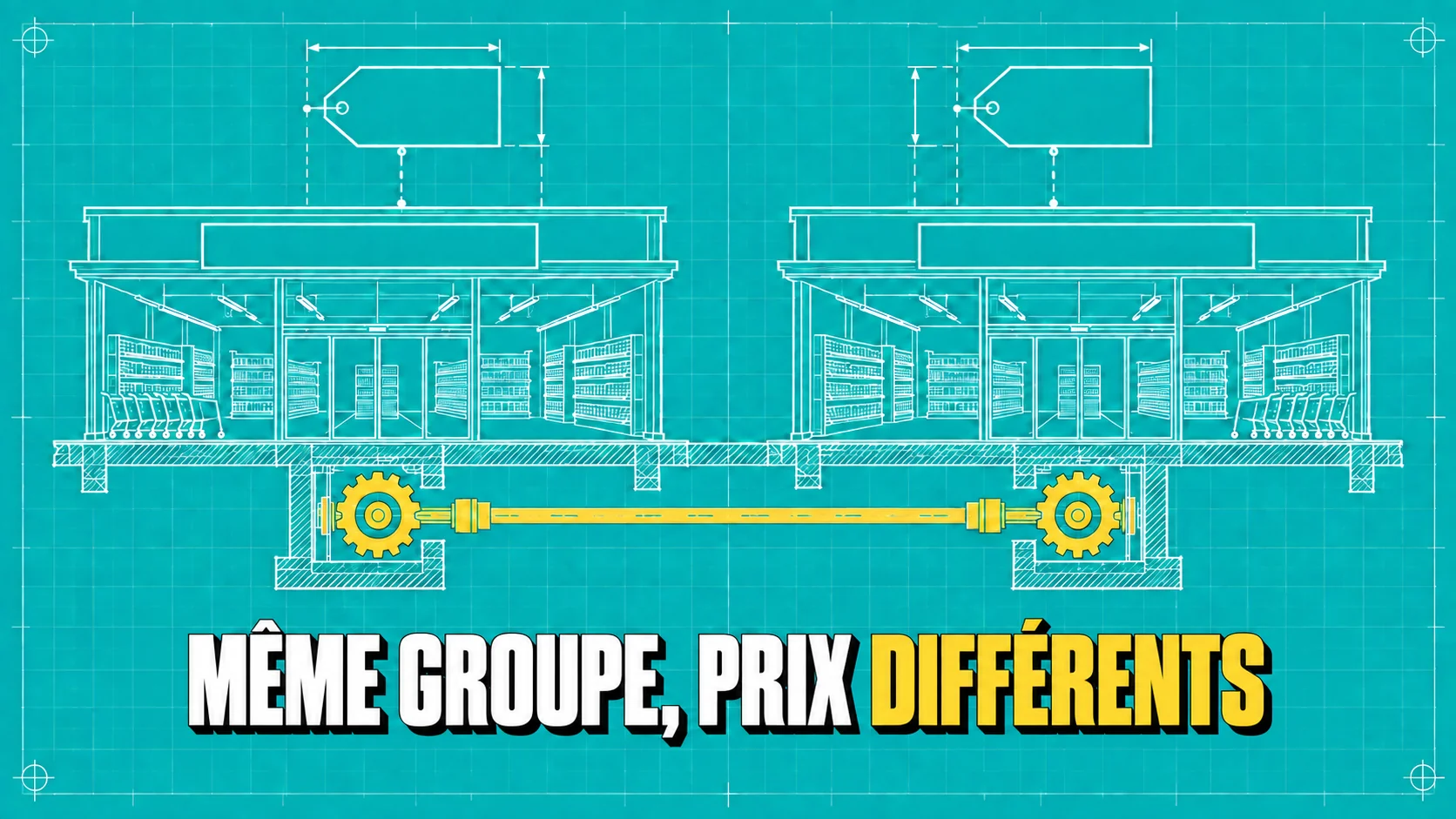 Dessin technique blanc de deux magasins reliés par un arbre jaune, avec panneaux vierges.