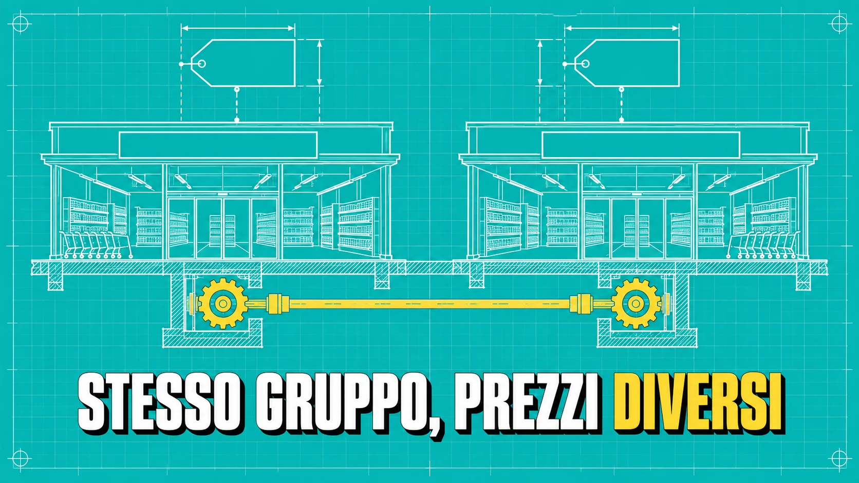 Disegno tecnico bianco su carta verde: due negozi identici collegati da un albero di trasmissione giallo, con targhette vuote.