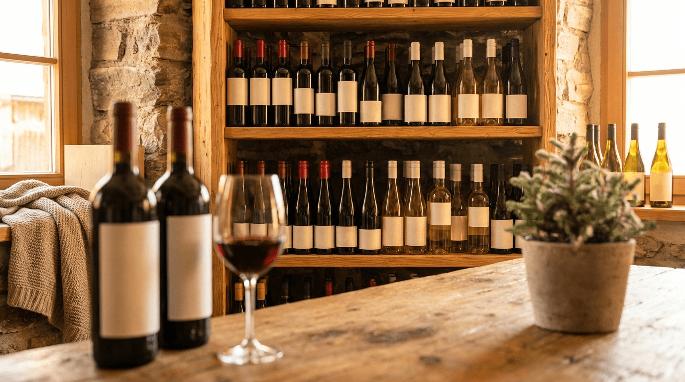 Wine shelf with a selection of red and white wines