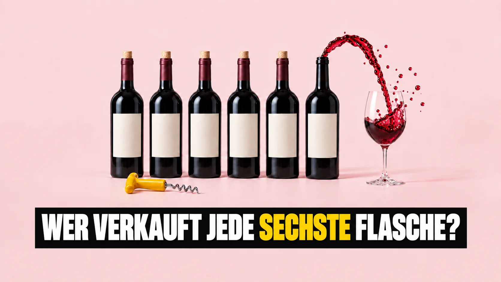 Sechs Weinflaschen mit leeren Etiketten, eine giesst ein Band Rotwein in ein Glas