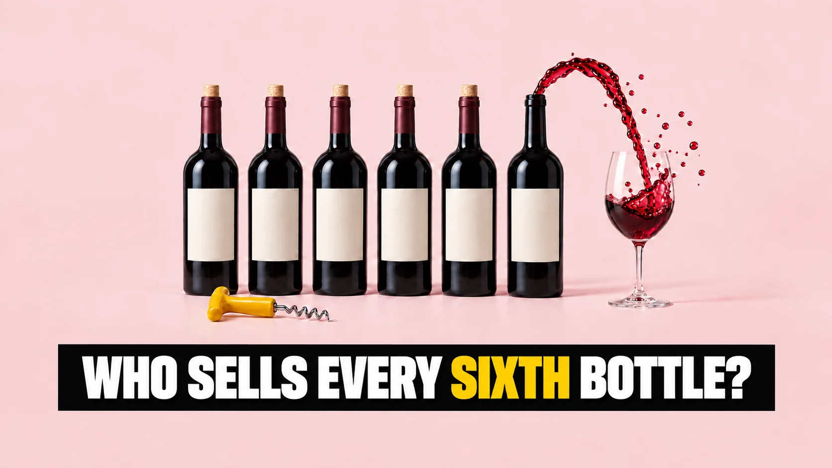 Six wine bottles with blank labels, one pouring a ribbon of red wine into a glass