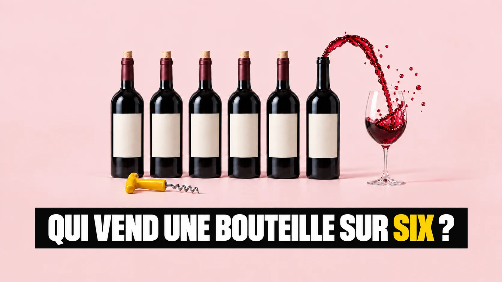 Six bouteilles de vin aux étiquettes vierges, l’une verse un ruban de vin rouge dans un verre
