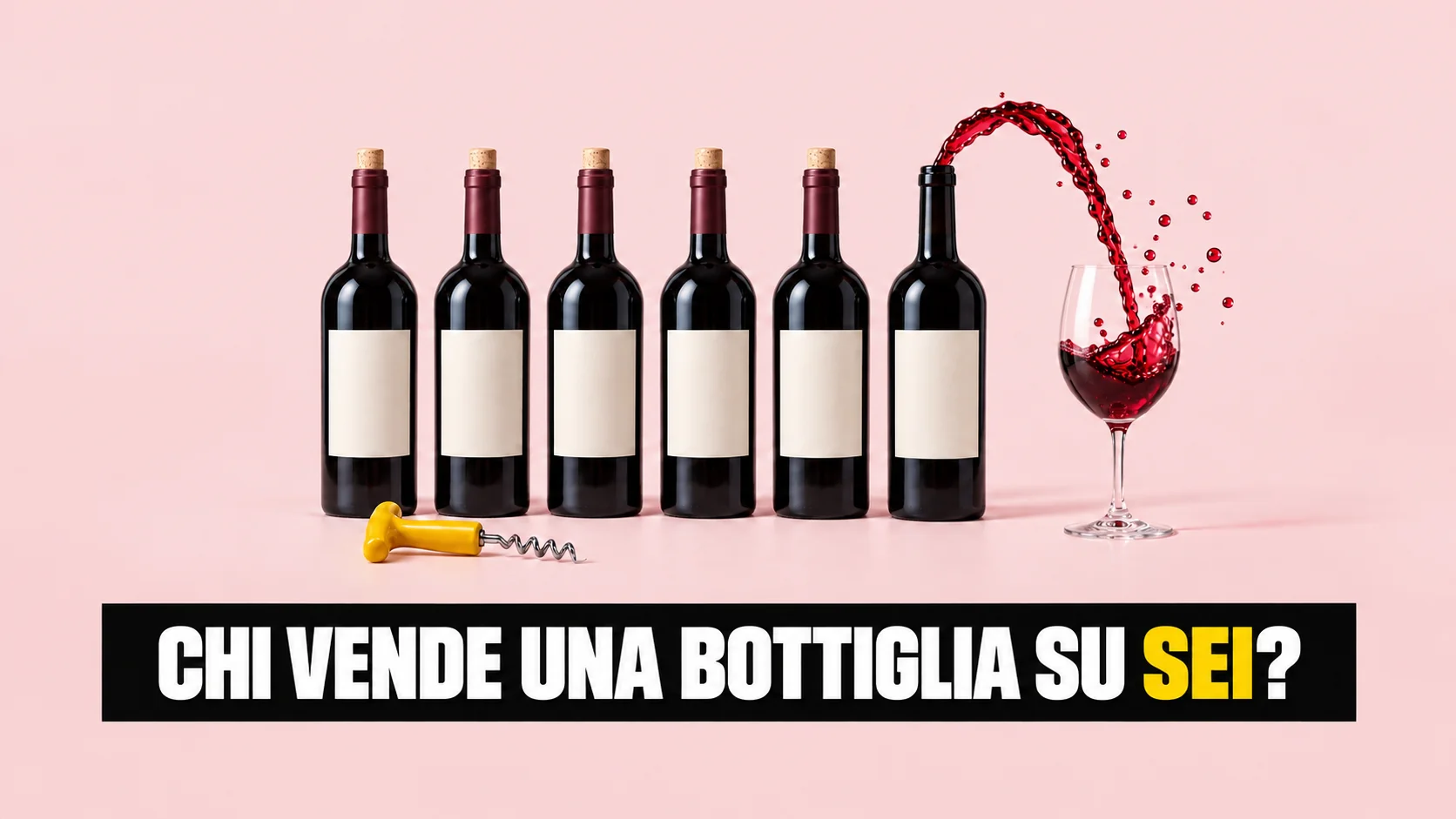 Sei bottiglie di vino con etichette bianche, una versa un nastro di vino rosso in un calice