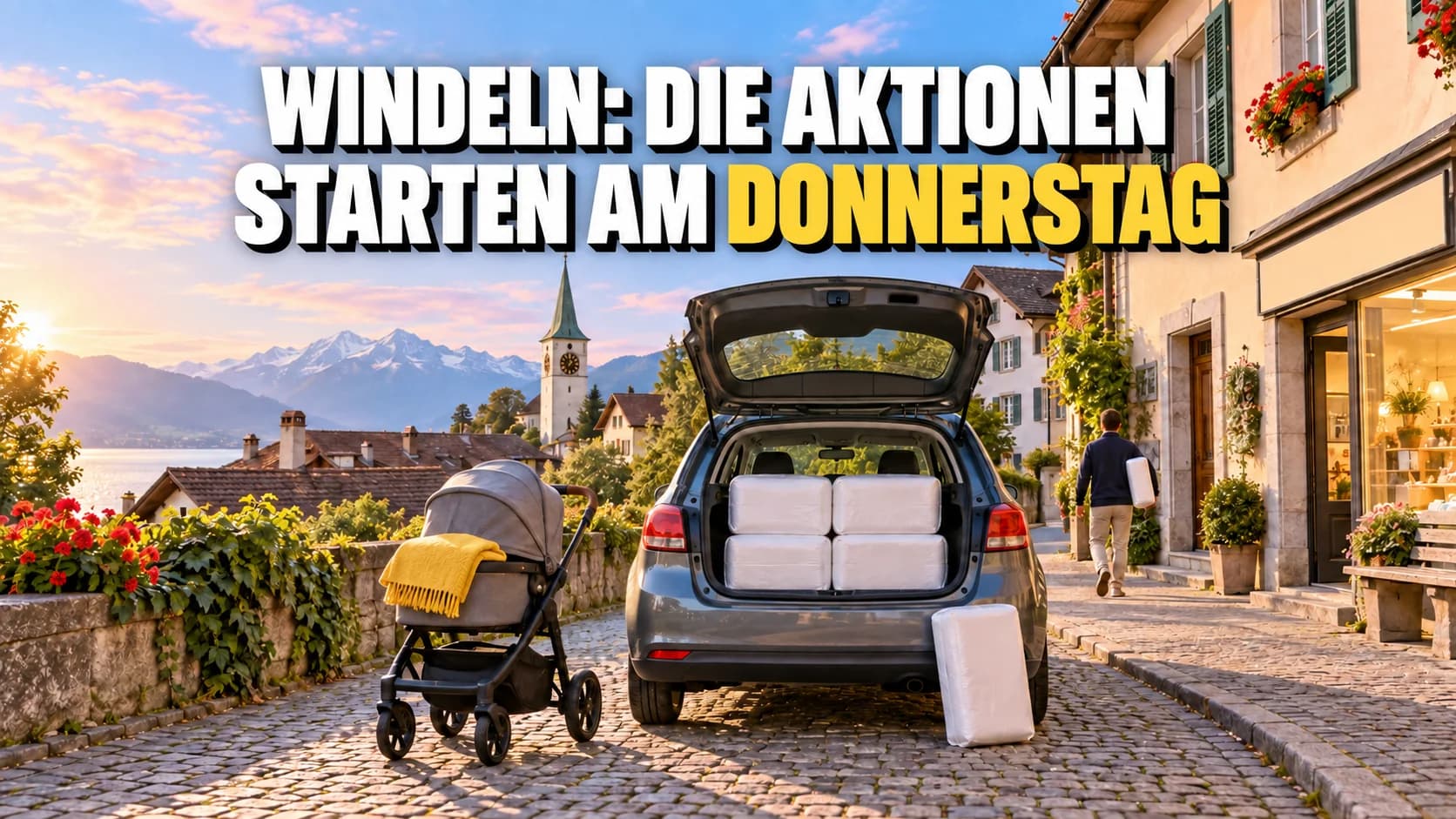 Offener Kofferraum mit grossen neutralen Packungen und Kinderwagen in einer Schweizer Strasse.