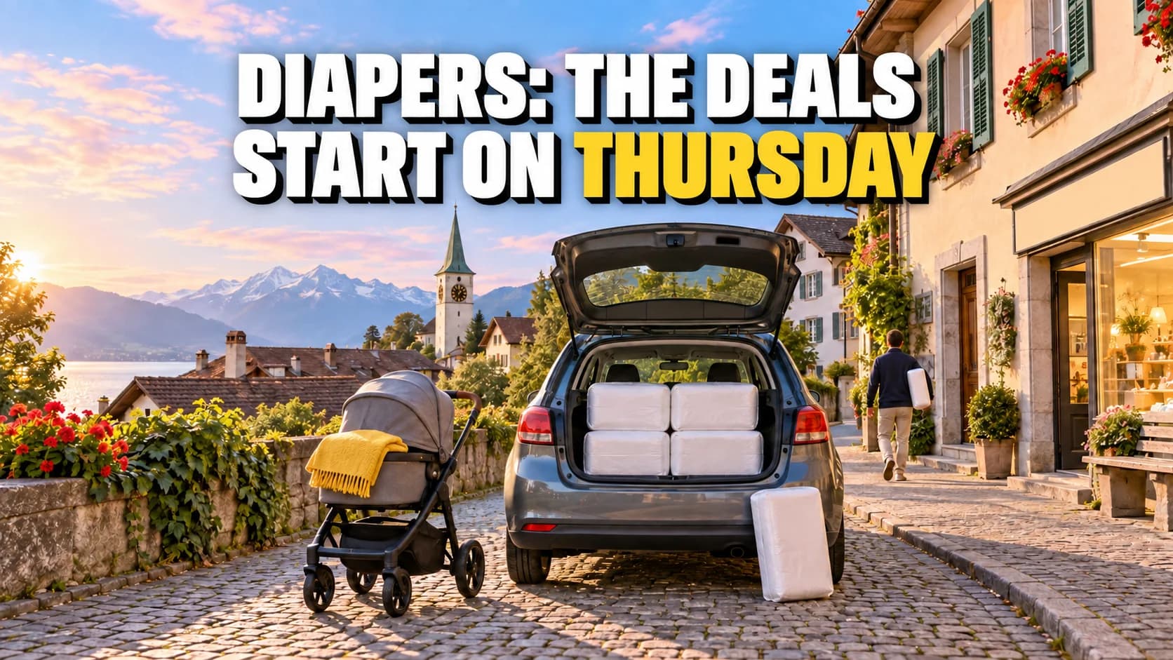Open car boot filled with large unbranded packs beside a pram on a Swiss street.