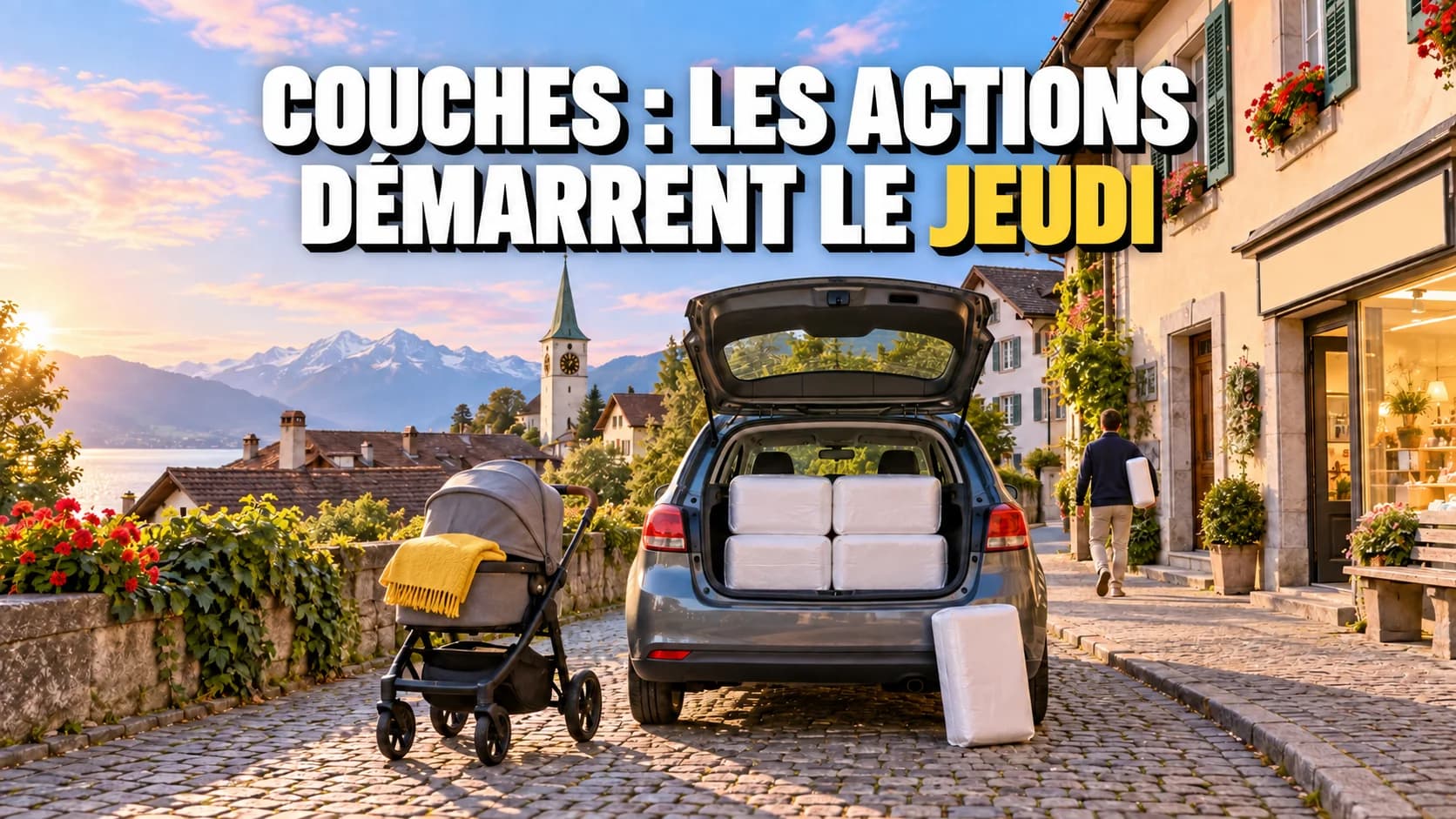 Coffre ouvert rempli de grands paquets neutres, avec poussette dans une rue suisse.
