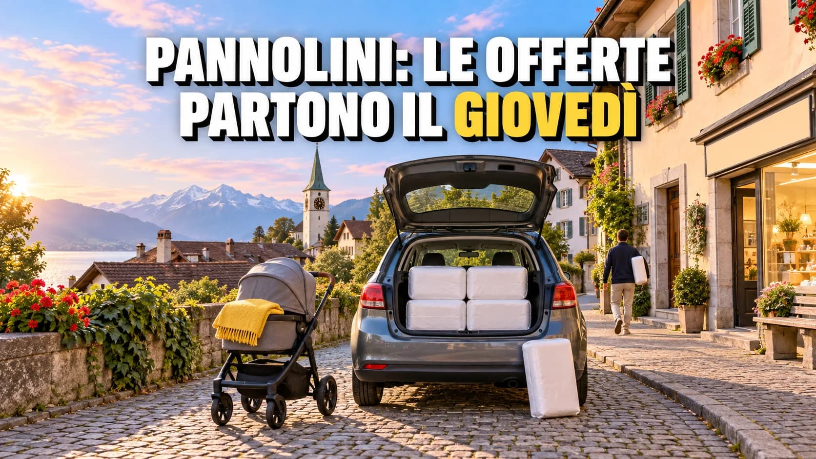 Strada svizzera al mattino dorato: un’auto con il bagagliaio aperto pieno di grandi confezioni bianche senza marchio, una carrozzina accanto e il campanile in fondo alla via