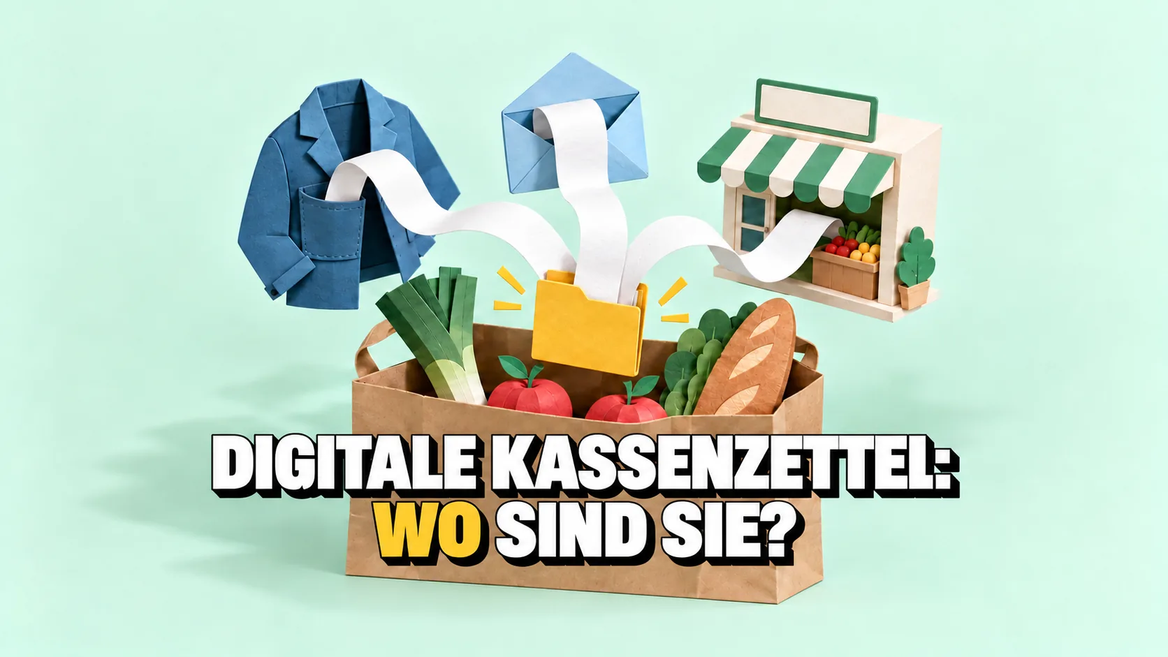 Papier-Pop-up aus einer Einkaufstasche: Aus einer Jackentasche, einem Briefumschlag und einem Laden fliessen leere Kassenzettel in eine einzige gelbe Mappe