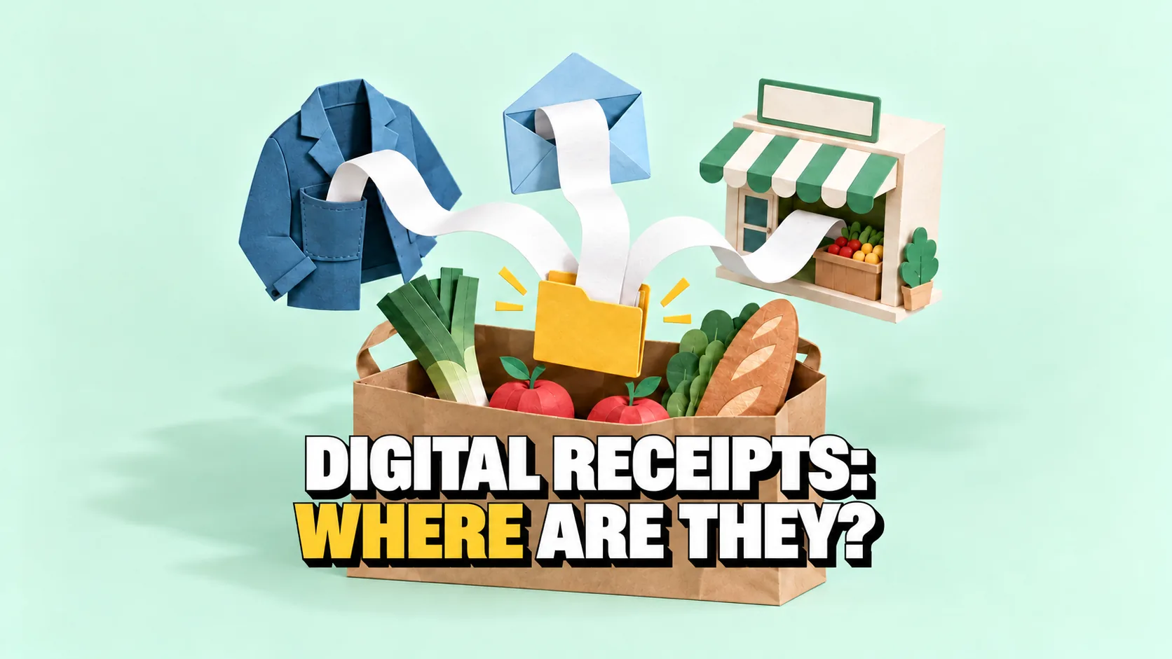 Paper pop-up rising from a grocery bag: blank receipts flow from a jacket pocket, an envelope and a shop into one yellow folder