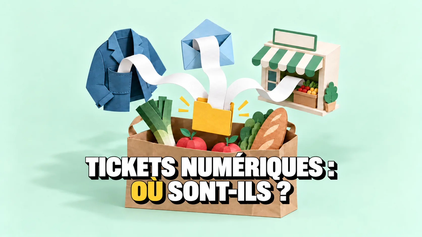Pop-up en papier sortant d’un sac de courses, des tickets vierges partent d’une poche, d’une enveloppe et d’une boutique vers une seule chemise jaune