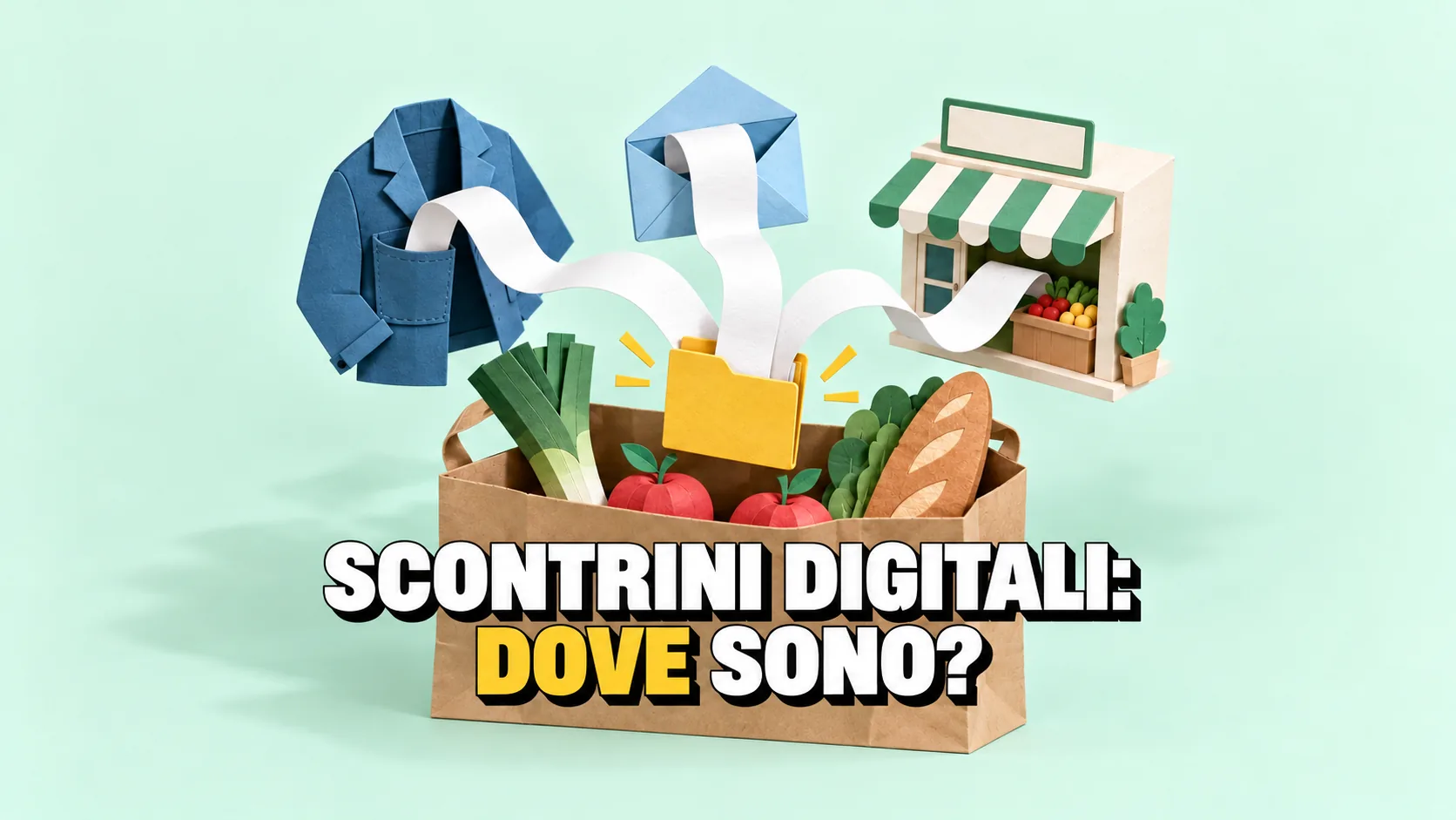 Pop-up di carta che esce da un sacchetto della spesa: da una tasca, da una busta e da un negozio partono scontrini bianchi che finiscono in un’unica cartellina gialla