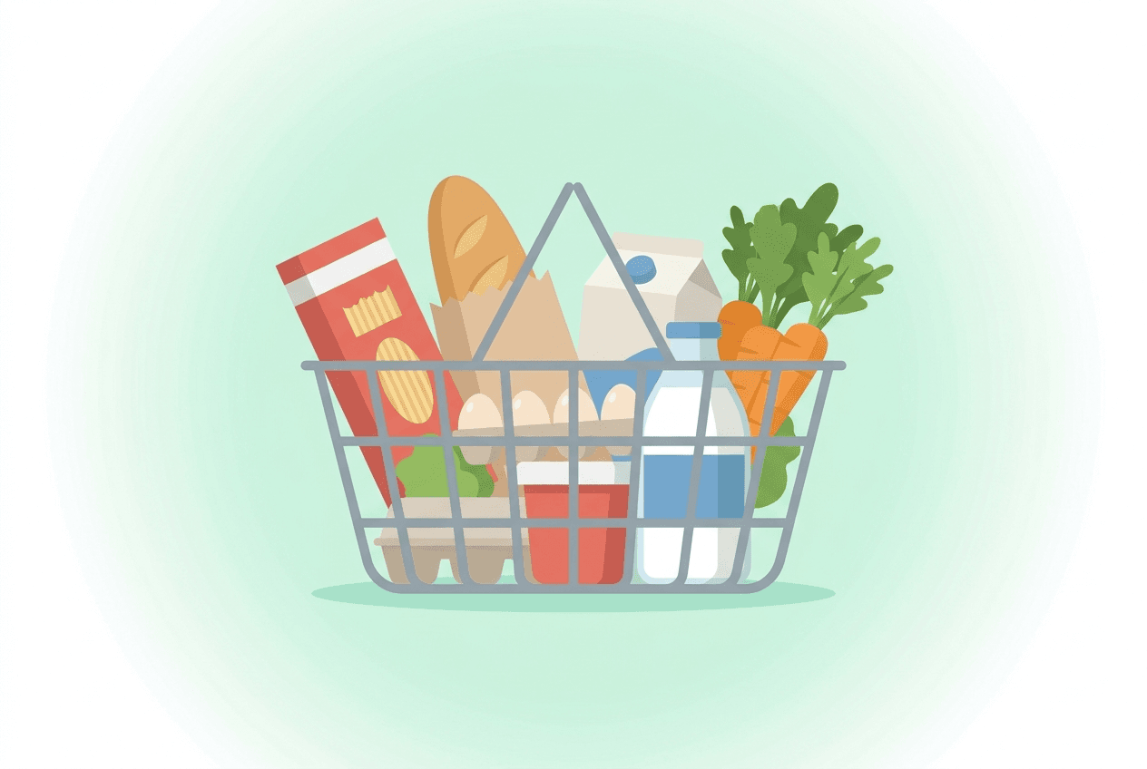 Preisvergleich Discounter Schweiz: Warenkörbe von Aldi, Lidl, Denner, Migros und Coop nebeneinander mit CHF-Preisschildern.