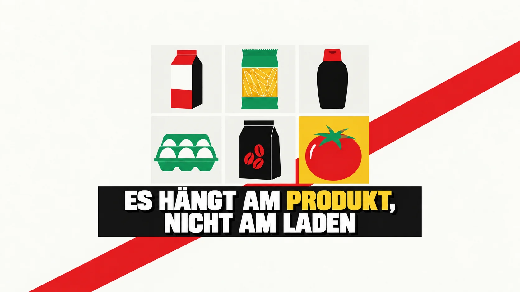 Flache Raster mit sechs stilisierten Produkten, nur ein Feld ist gelb und bricht das Muster